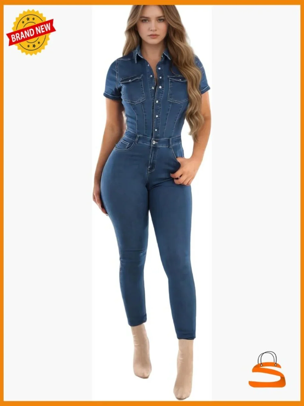 Slim Fit Denim Jumpsuit with Pockets Button Down Long Sleeve Romper